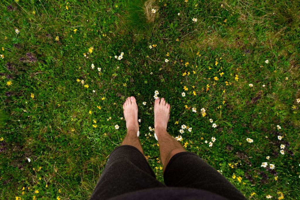bare feet standing on lush grassy meadow with wildflowers representing earthing and grounding for health
