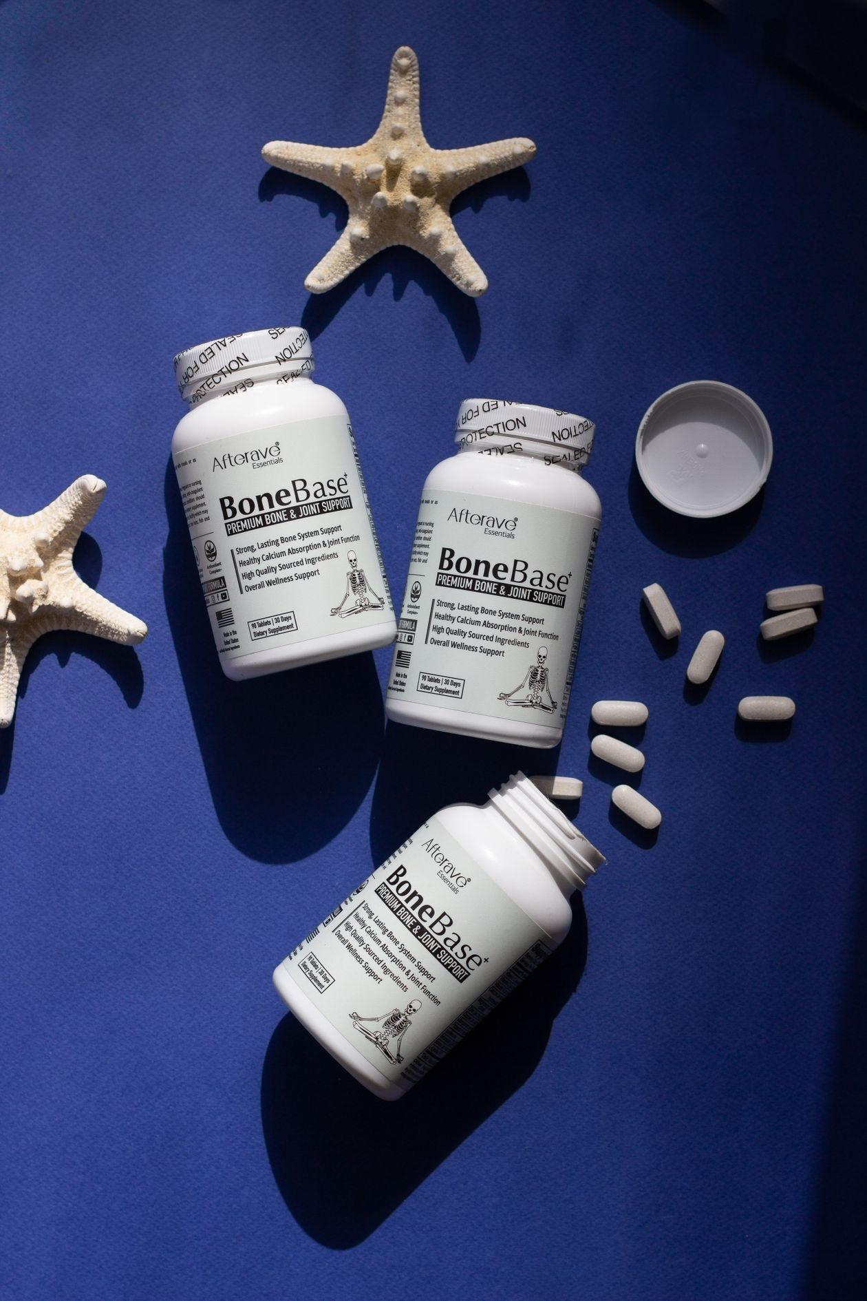 bone health supplement bottle on blue background representing joint and cartilage support supplementation
