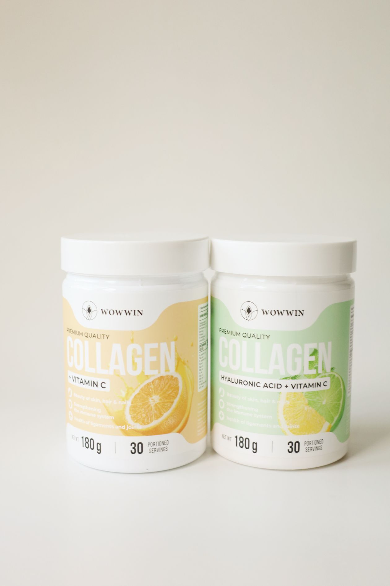 two collagen supplement jars with vitamin C on neutral background for joint supplementation