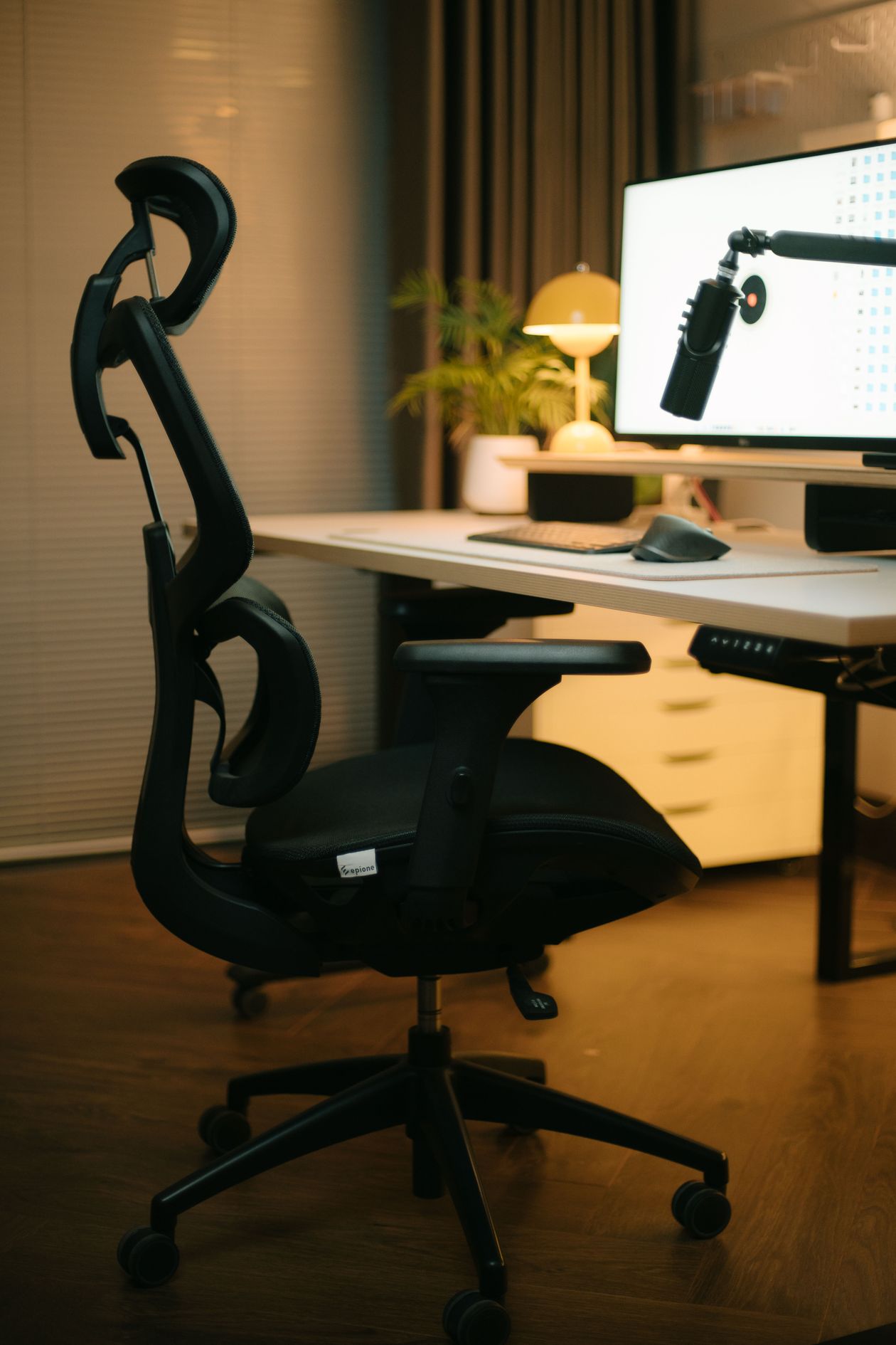 ergonomic office chair in a cozy workspace with warm lighting promoting healthy seated posture