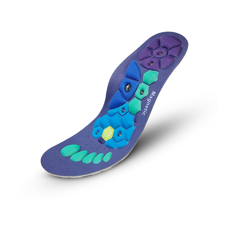 EvoStep magnetic acupressure insoles showing hexagonal cushion zones and arch support design for foot and back pain relief