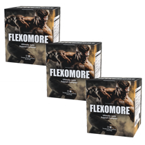 Flexomore 3-pack best value package showing three boxes of glucosamine joint support powder for a 3-month supply at reduced per-unit price