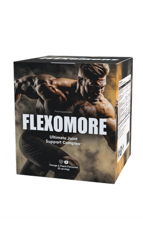 Flexomore single box showing orange and peach flavored joint health powder 30 servings with glucosamine sulfate collagen and MSM formula for adults over 40