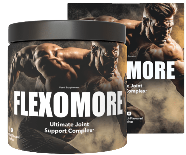 Flexomore Ultimate Joint Support Complex powder tub and box showing glucosamine sulfate supplement for joint health and mobility in adults over 40