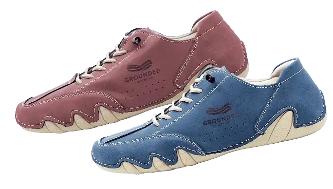 Grounded Evolve zero-drop barefoot shoes in blue and pink showing flexible wavy sole design for natural foot movement and posture