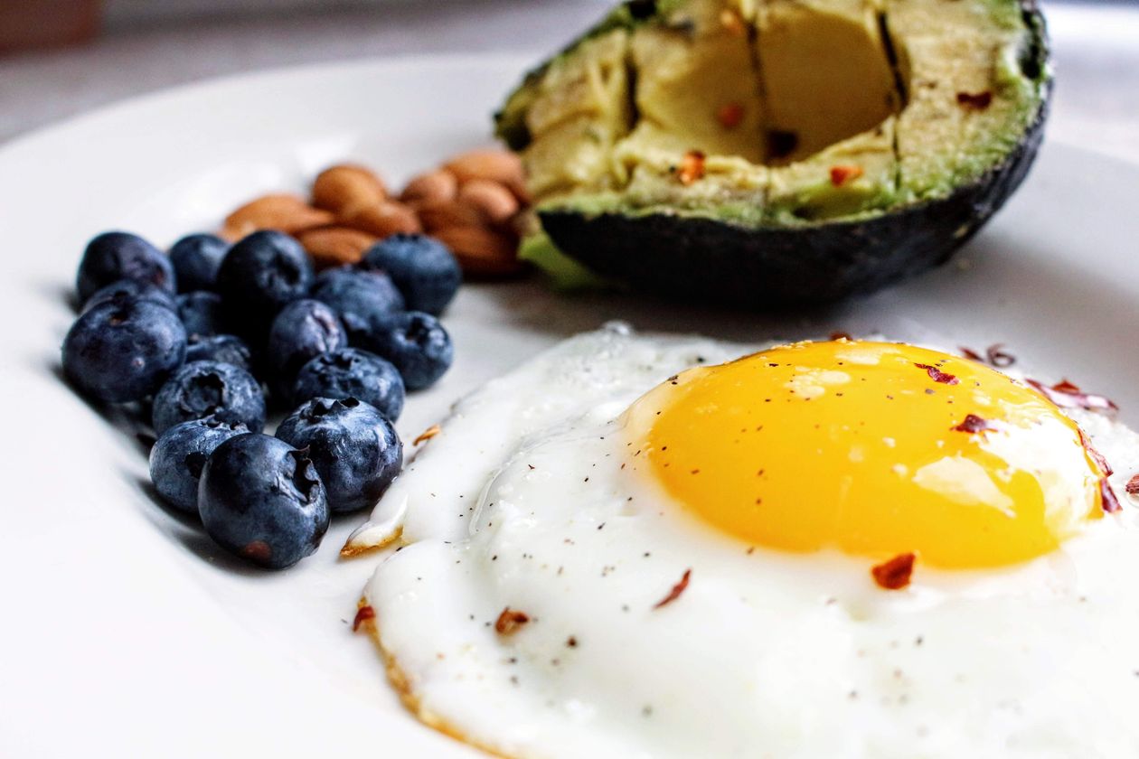 nutritious breakfast with egg avocado blueberries and almonds showing high protein meal for adults over 40