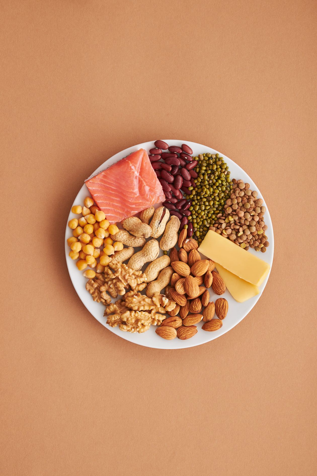 colorful assortment of protein-rich legumes and plant proteins on a plate for joint health nutrition