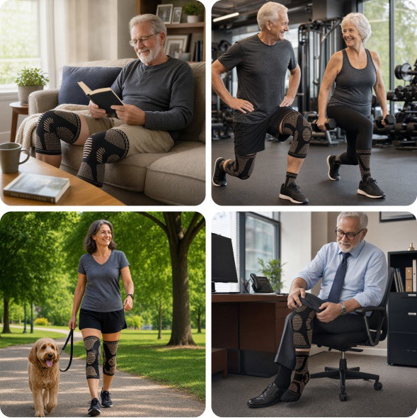 lifestyle photo of RelievCore knee compression sleeve in daily use showing support for active adults over 40 with knee arthritis