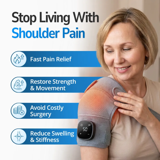 Vital Shoulder Massager wearable device in use showing heated wrap therapy for rotator cuff and shoulder joint pain during daily activity
