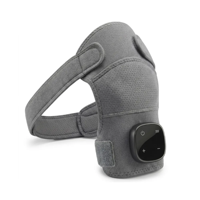 Vital Shoulder Massager wrap shown from side angle displaying adjustable velcro straps and electronic control module for heated shoulder therapy