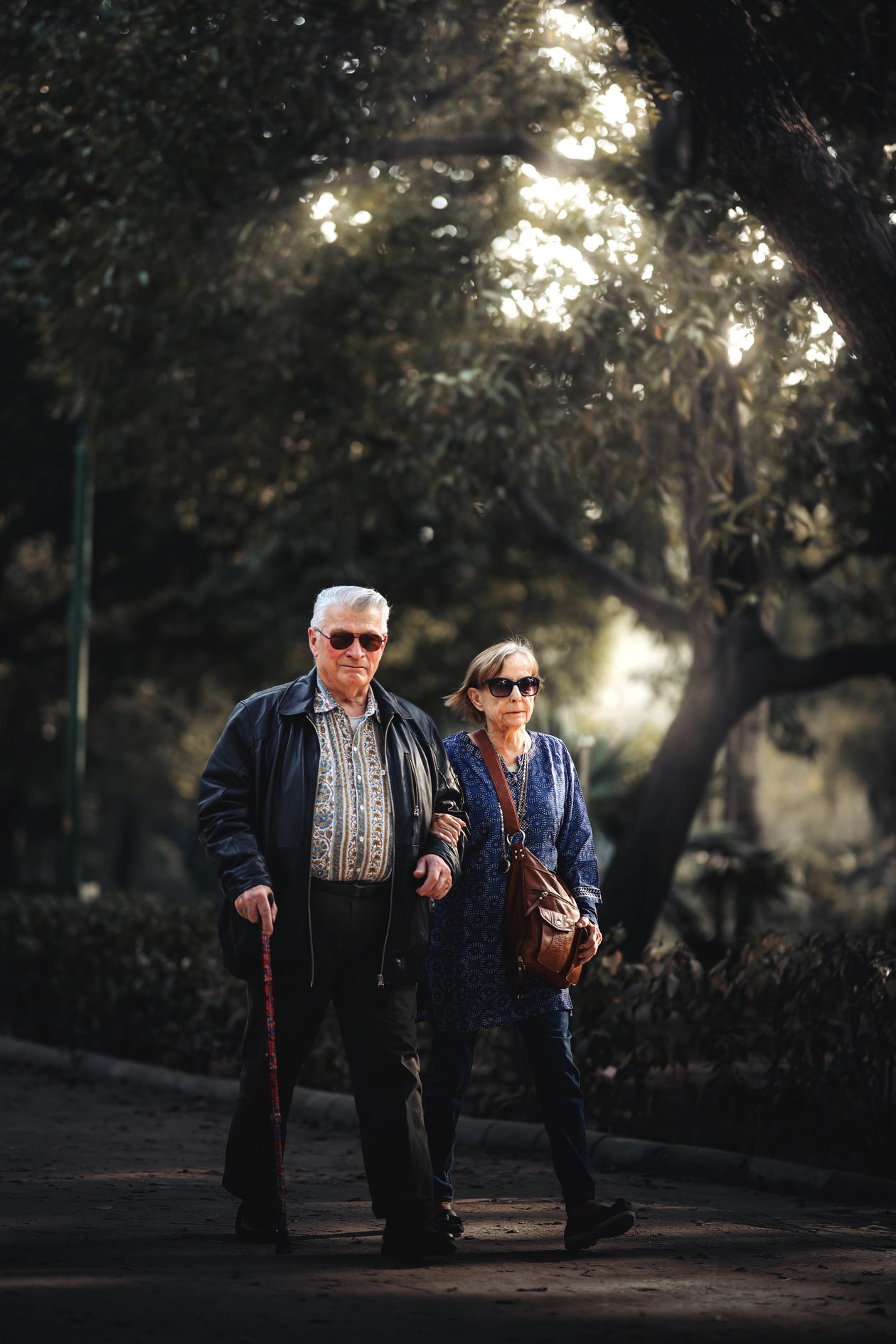 senior couple walking in a sunny park enjoying natural vitamin D from sunlight