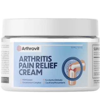 Arthrovit Arthritis Pain Relief Cream 30ml jar showing MSM camphor eucalyptus wintergreen ingredients for joint pain