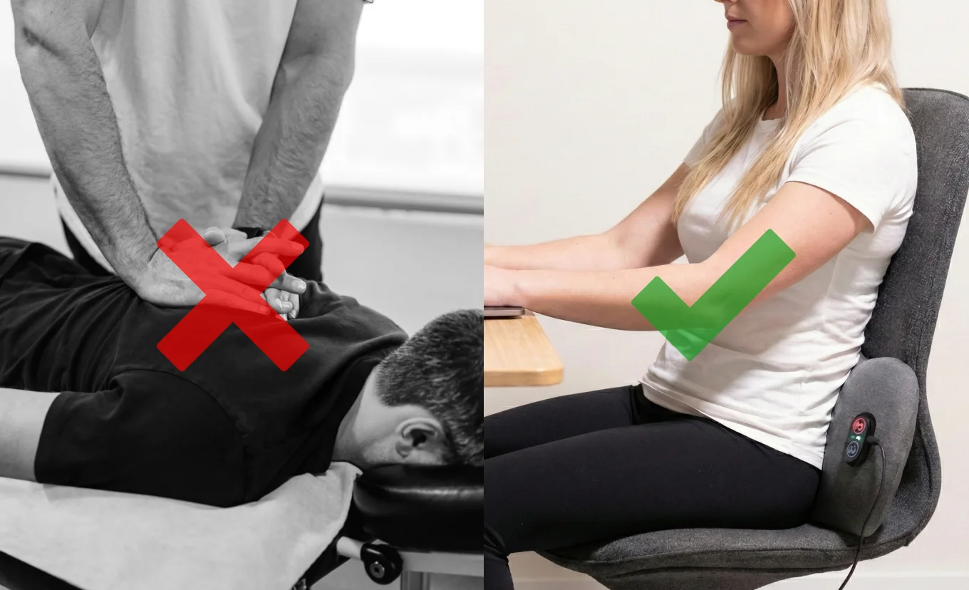 Adult with back pain using Back Restore device for lumbar relief and spinal decompression at home