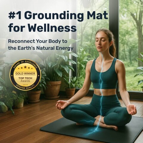 Bareflowmat grounding mat shown as a desk and floor mat for earthing during indoor seated work