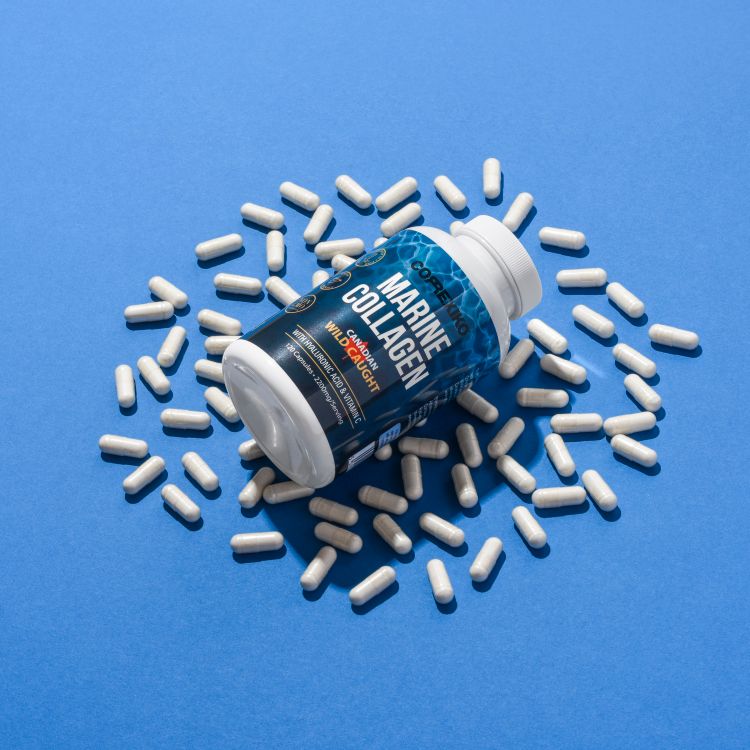 Collagen supplement capsules and bottle for joint pain and cartilage support in adults over 40