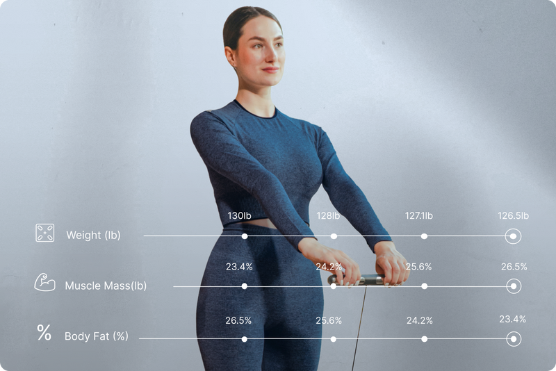 Person using Hume Body Pod body composition scale at home tracking muscle mass and body fat for health after 40
