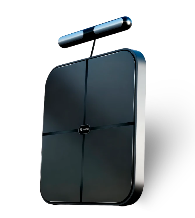 Hume Body Pod smart body composition scale showing handle design for bioelectrical impedance analysis measurements