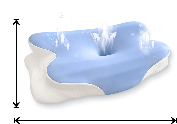 Melara Max pillow dimensions and breathable design showing airflow ventilation and ergonomic cervical support structure