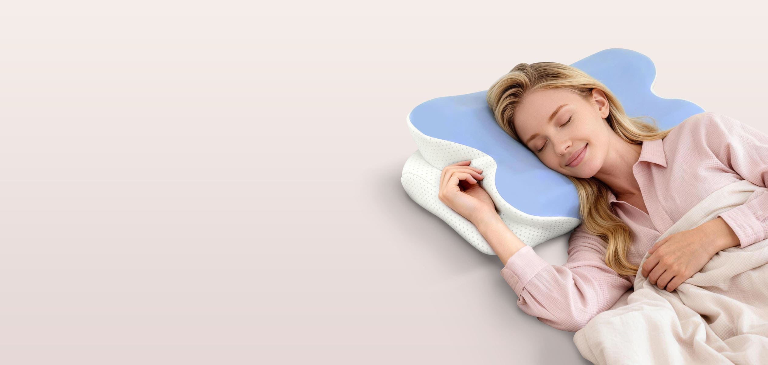Woman sleeping comfortably on Melara Max ergonomic cervical pillow with cooling gel layer for neck pain relief