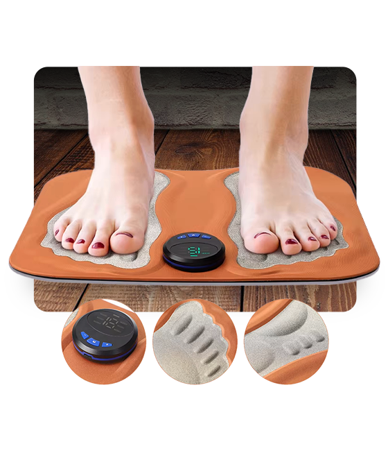 NeuroMat EMS foot massager device showing NMES technology for neuropathic foot pain relief and circulation improvement