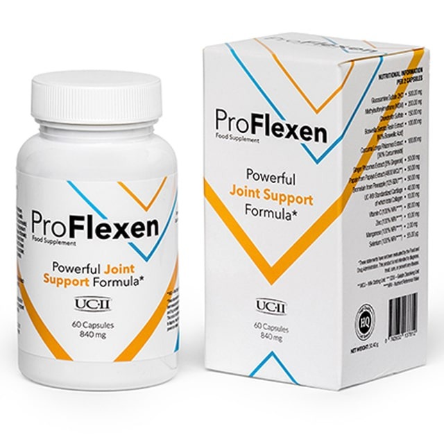ProFlexen joint supplement bottle next to Flexomore joint support powder comparison for adults over 40
