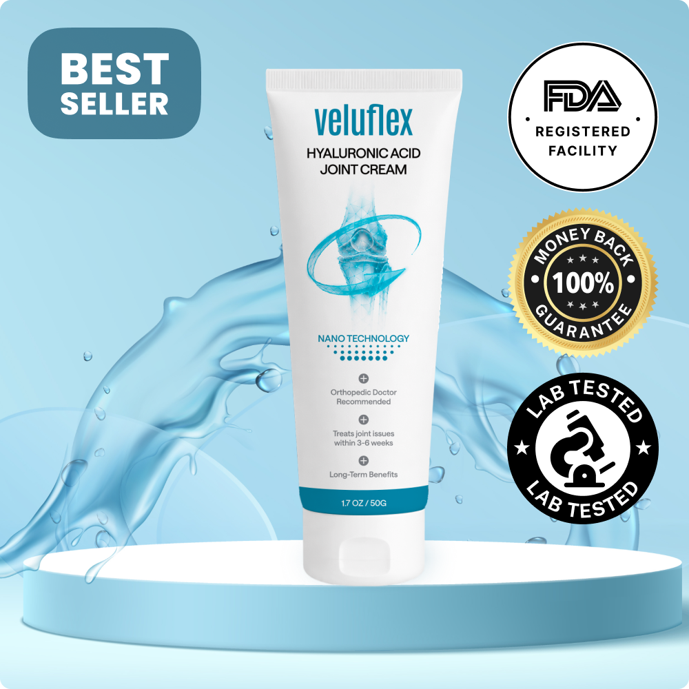 Veluflex joint cream product packaging showing topical formula for knee hip and shoulder pain relief for adults over 40