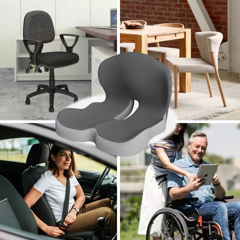 Hewelth LumboCare Pro cushion shown on an office chair, a dining chair, a car seat and a wheelchair with the contoured seat, tailbone cutout and back panel visible