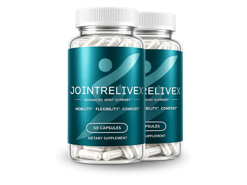 JointReliveX Advanced Joint Support supplement bottles showing the 8-ingredient glucosamine and boswellia joint formula for adults over 40