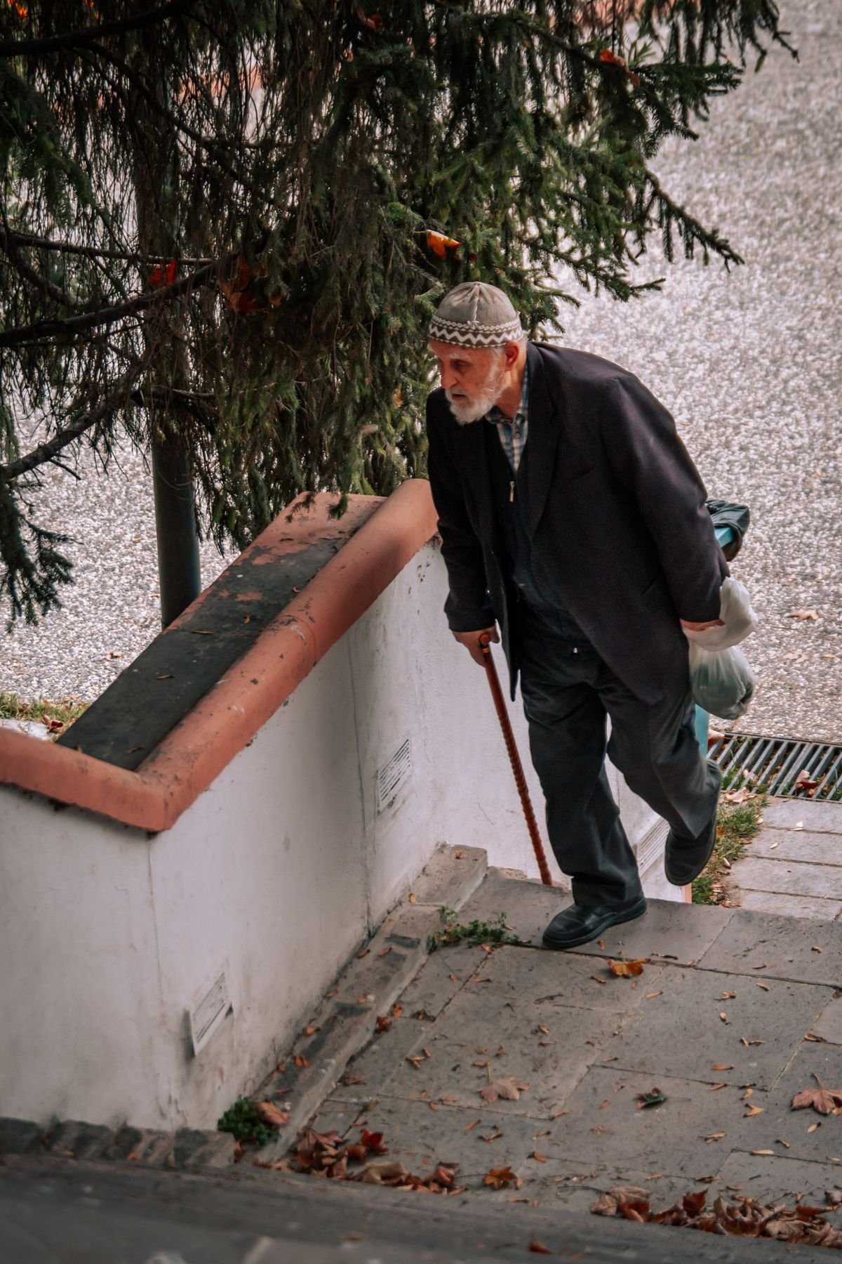 Older man using a cane to manage stairs, illustrating how advanced knee arthritis affects daily activities
