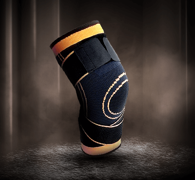 KneeHero knee compression sleeve close-up showing neoprene fabric construction and stabilizing strap design