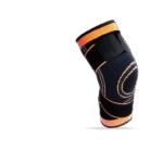KneeHero knee compression sleeve in navy blue with orange spiral support pattern and velcro straps for arthritis and joint pain relief
