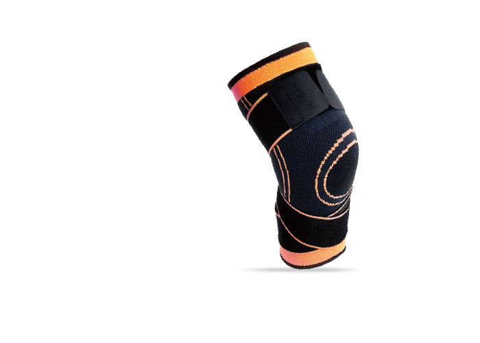 KneeHero knee compression sleeve in navy blue with orange spiral support pattern and velcro straps for arthritis and joint pain relief