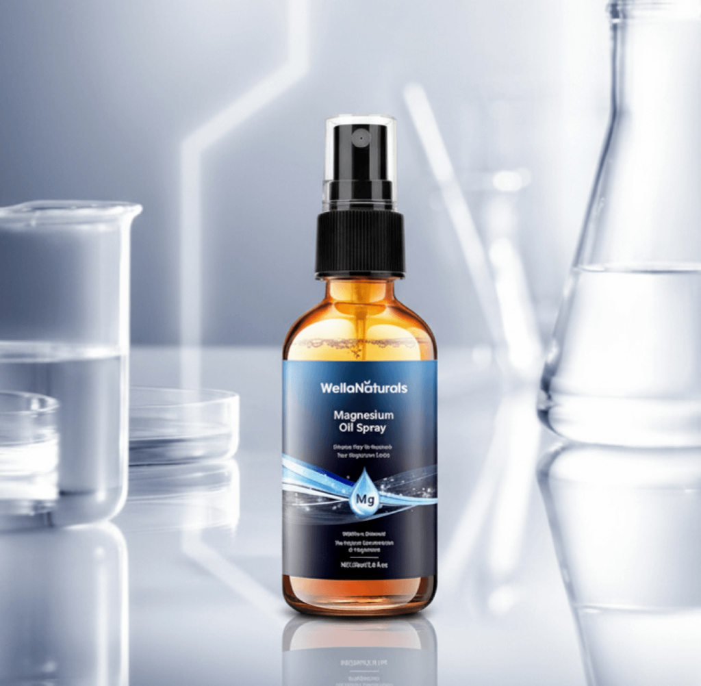 WellaNaturals Magnesium Oil Spray bottle with amber glass and spray pump on lab-style background