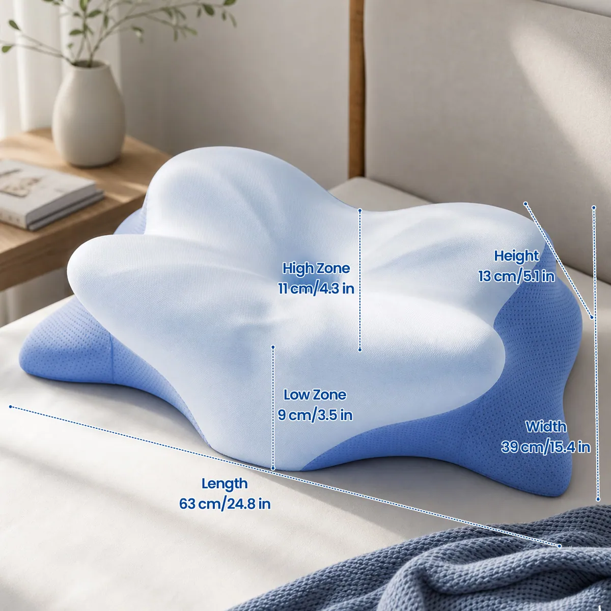 Hewelth MaxBreath pillow dimensions: 63 cm long, 39 cm wide, 13 cm tall, with an 11 cm high zone and a 9 cm low zone