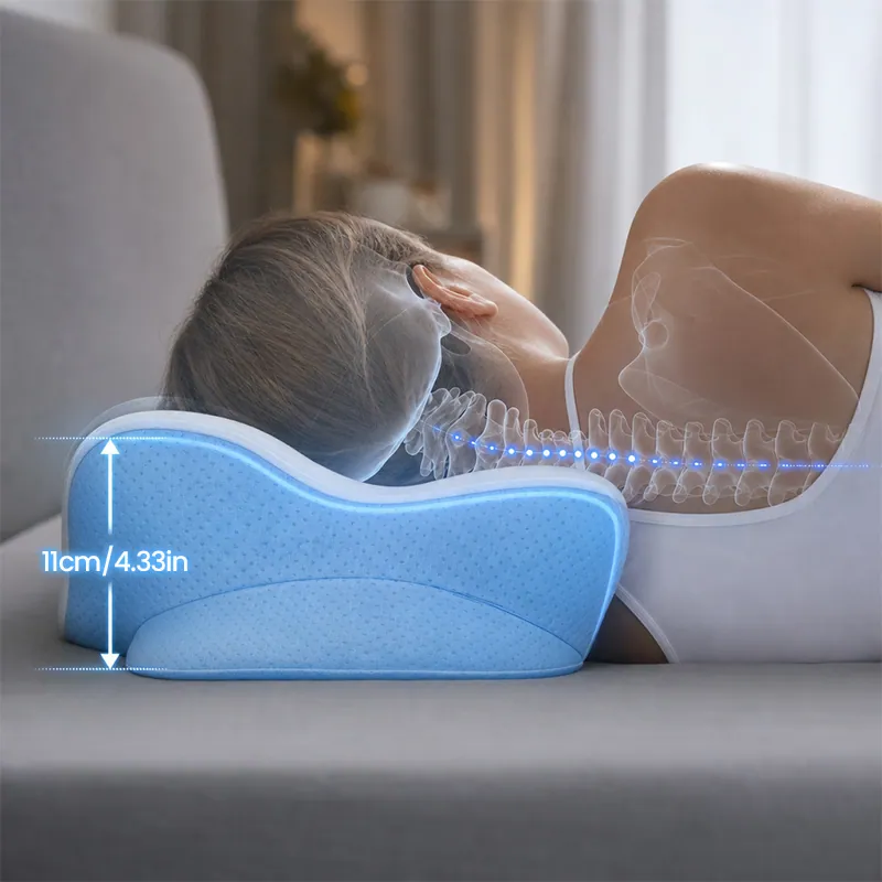 Side profile of the Hewelth MaxBreath pillow showing the 11 cm neck support height under a back sleeper