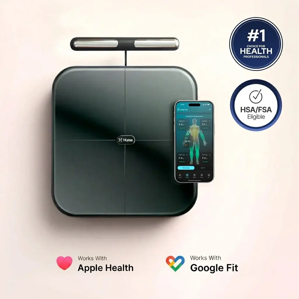Hume Body Pod scale beside the Hume Health app showing a segmental body composition readout with muscle mass by limb