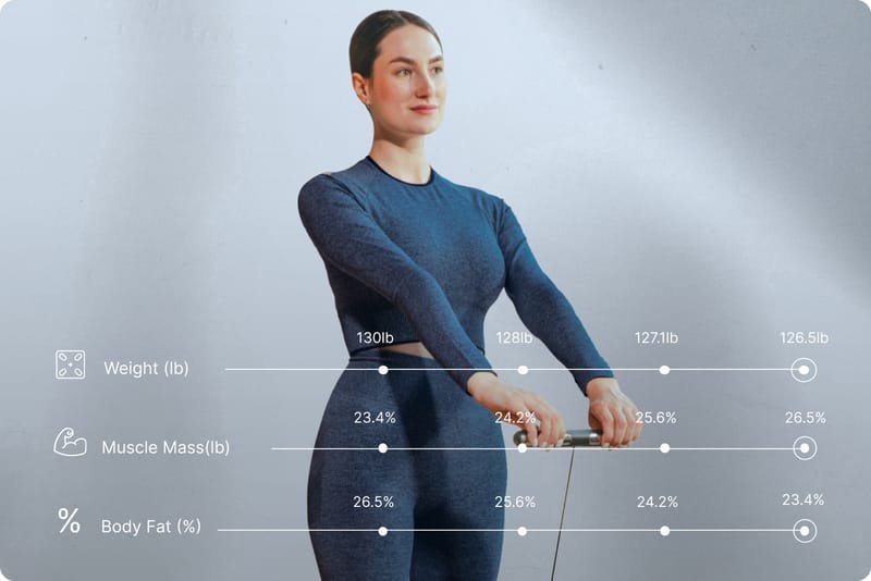 Person using Hume Body Pod body composition scale at home tracking muscle mass and body fat for health after 40