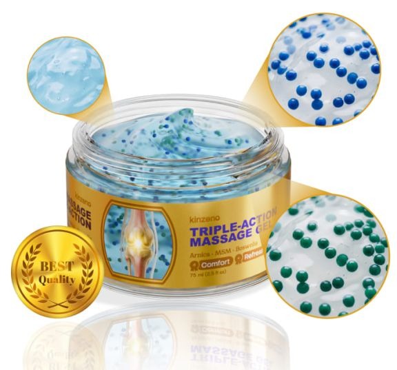 Kinzeno Triple Action Massage Gel jar showing the arnica, MSM and boswellia label and the blue gel with coloured microbeads