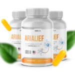 Three bottles of Arialief nerve support supplement, 30 capsules each, with the nerve cell logo on the label