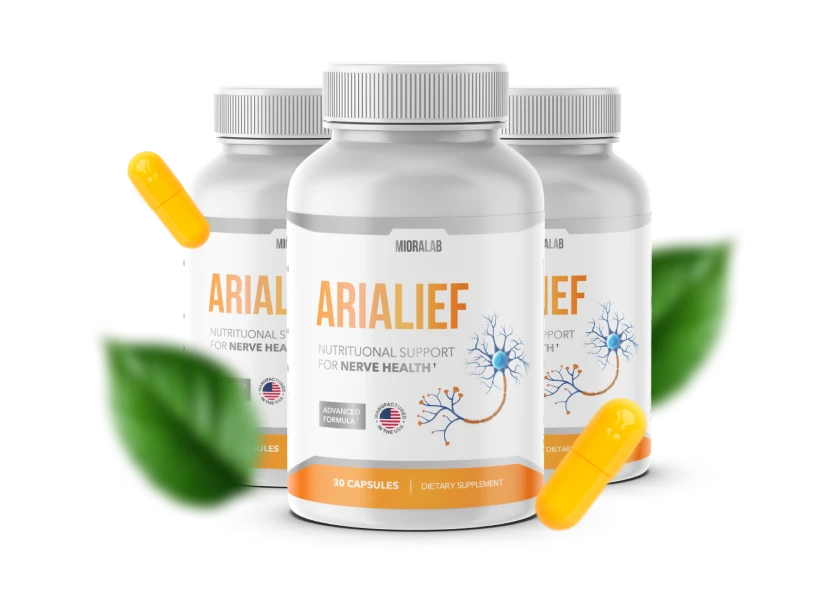 Three bottles of Arialief nerve support supplement, 30 capsules each, with the nerve cell logo on the label