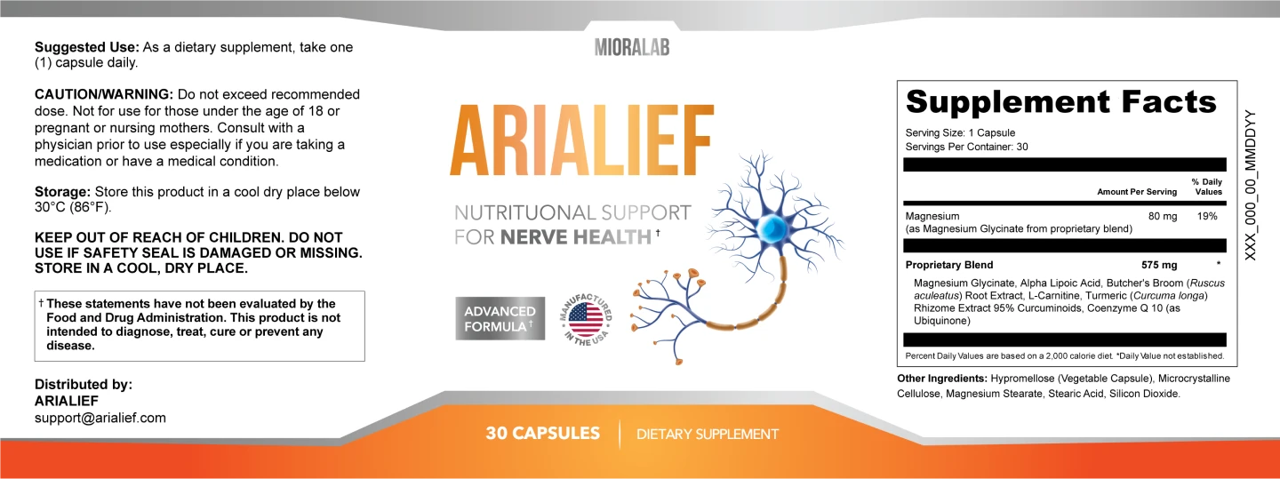 Arialief Supplement Facts label showing magnesium 80 mg and a 575 mg blend with alpha-lipoic acid, butcher's broom, L-carnitine, turmeric and coenzyme Q10