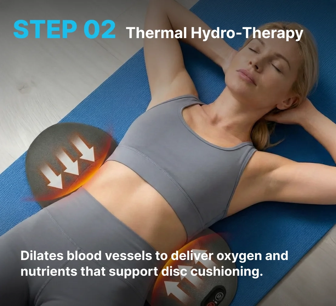 Woman lying on a mat with the Back Restore heating pads placed under her lower back