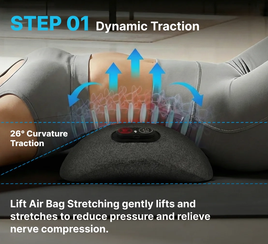 Woman lying on the Back Restore curved device, showing the dynamic traction lift under the lower back