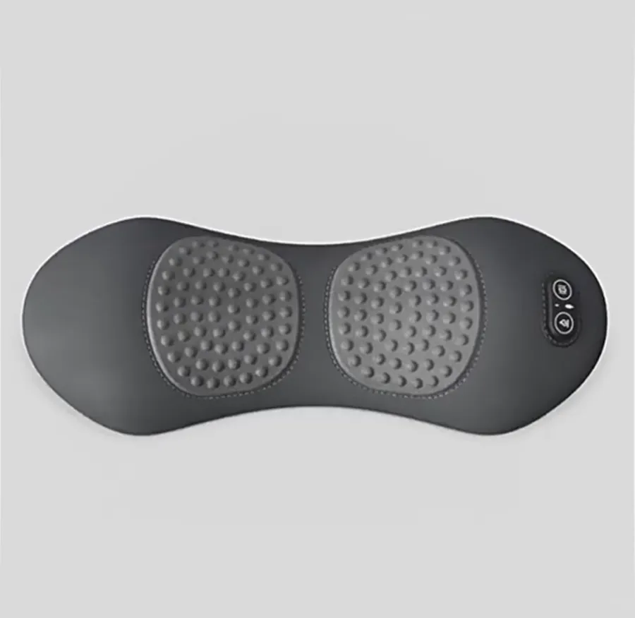 Dark gray lumbar back massager with two massage pads and control buttons, top view