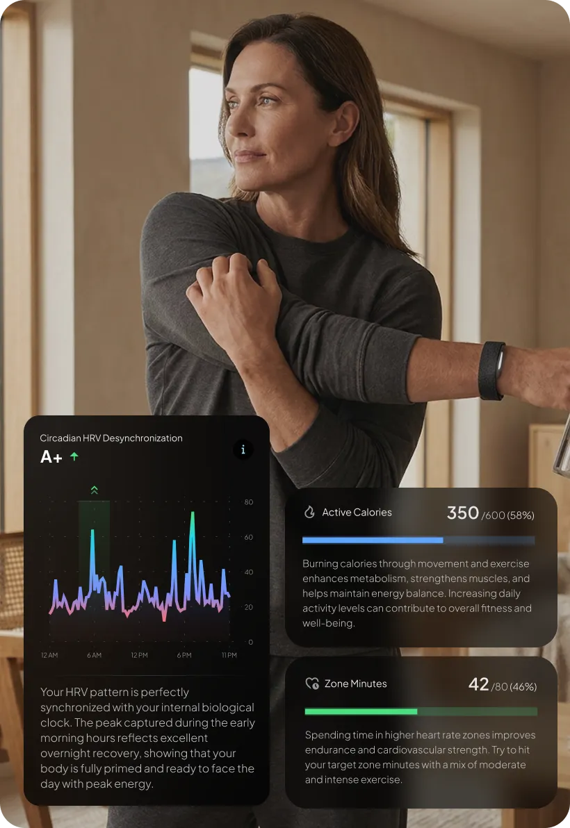 Hume Health app cards showing active calories and heart rate zone minutes from the Hume Band 2.0