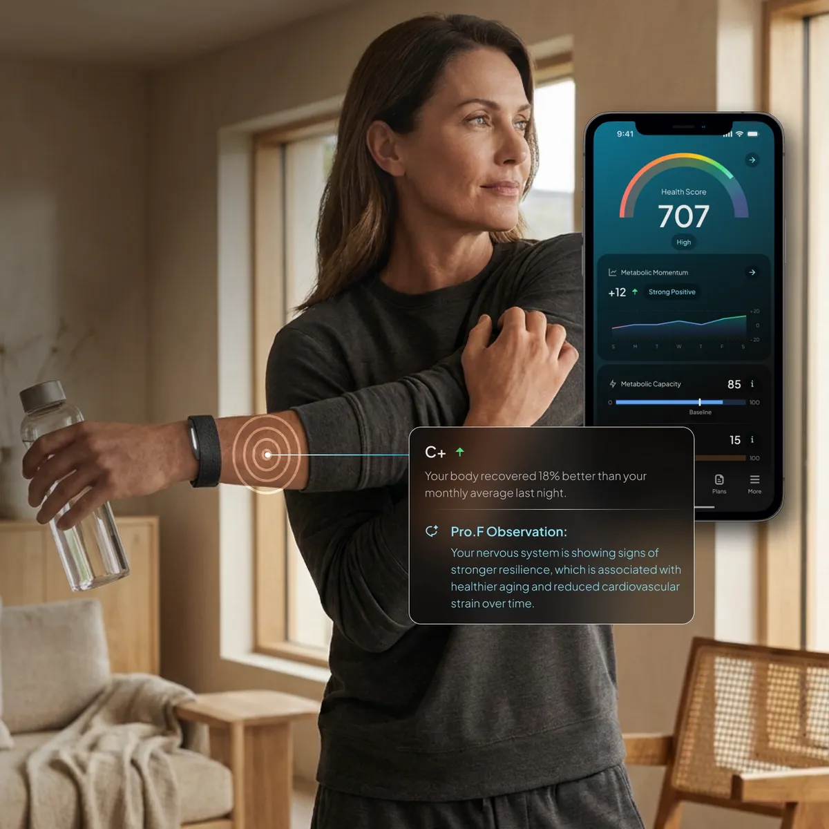 Woman wearing the Hume Band 2.0 with the Hume Health app showing daily health trends