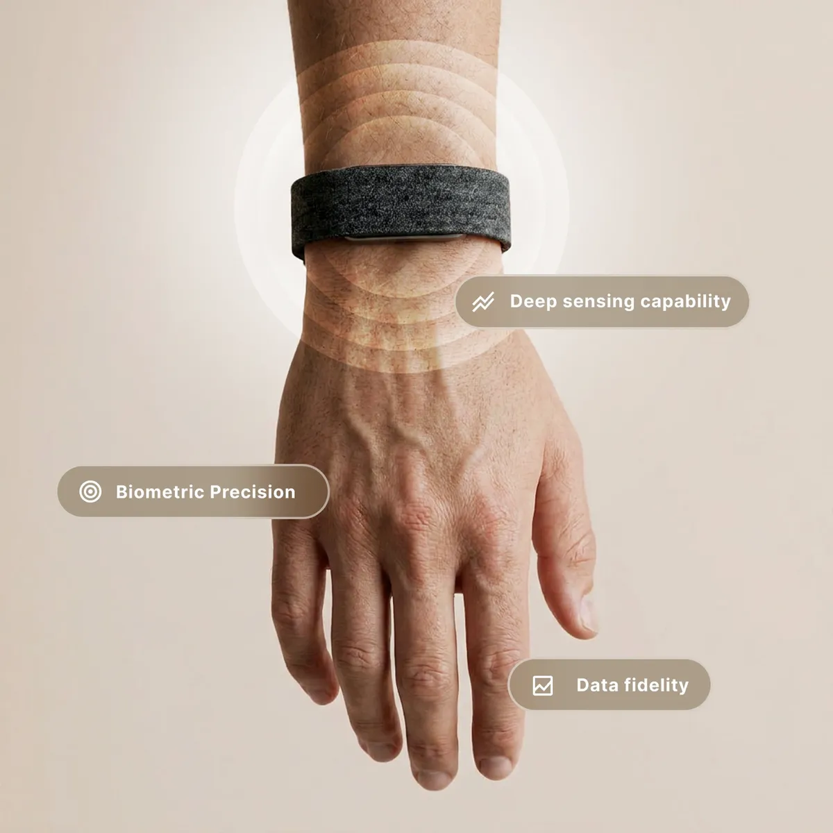 Hume Band 2.0 worn on the wrist, a screenless band with optical sensors