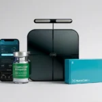 HumeCare+ GLP-1 program kit with a compounded tirzepatide vial, the Hume Pod body composition scale and the Hume app