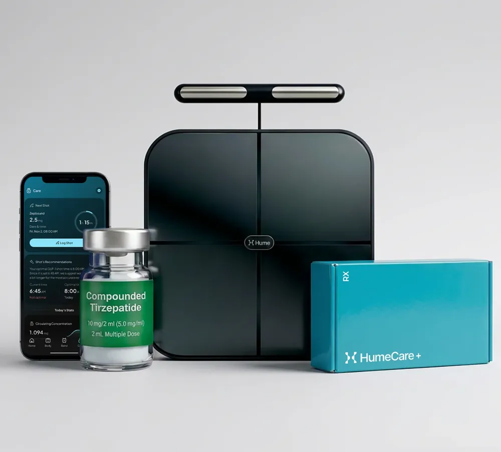 HumeCare+ GLP-1 program kit with a compounded tirzepatide vial, the Hume Pod body composition scale and the Hume app