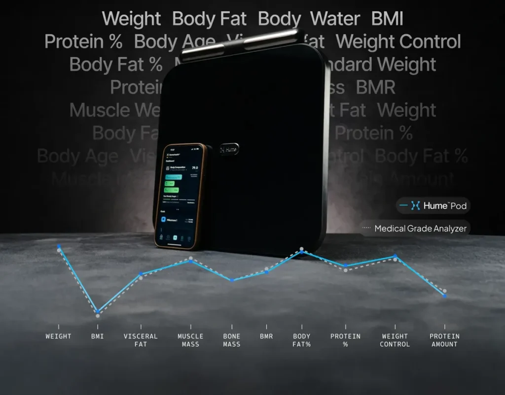 Hume Pod smart scale with the Hume Health app and a chart of its 45 body metrics